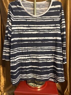 crown & ivy Blue and White Striped Scoop Neck Tee